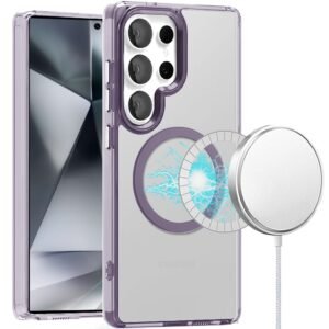 For Samsung Galaxy s24 Ultra Magnetic Circle Ring Transparent Premium Acrylic with Metal Buttons & Camera Raised Lip - Light Purple