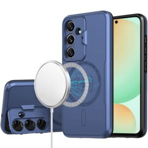 For Samsung S24 FE Magnetic Ring Circle Camera Cap KickStand Hybrid UV Paint Matte Finish Case - Blue