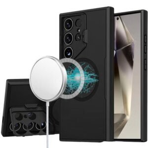 For Samsung s25 Ultra Magnetic Ring Circle Camera Cap KickStand Hybrid UV Paint Matte Finish Case - Black