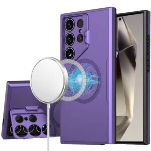 For Samsung s25 Ultra Magnetic Ring Circle Camera Cap KickStand Hybrid UV Paint Matte Finish Case - Purple
