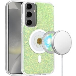 For Samsung s25 Plus/s24 Plus Magnetic Ring Circle Real Flower Epoxy Glitter Hybrid Case Cover - Green