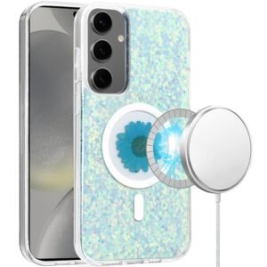 For Samsung s25 Plus/s24 Plus Magnetic Ring Circle Real Flower Epoxy Glitter Hybrid Case Cover - Light Blue