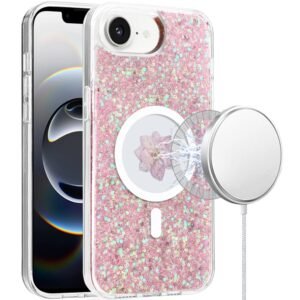 For iPhone 16E (E edition) / SE4 (2025) Magnetic Ring Circle Real Flower Epoxy Glitter Hybrid - Rose Gold