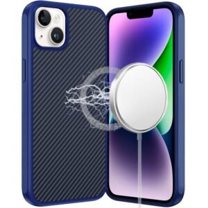 For iPhone 13/14 CarbonFiber Design Magnetic Ring HQ Thick 2.0mm Hybrid Case - Navy Blue