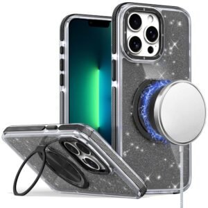 For iPhone 13 Pro Glitz HQ Shimmer Glitter [Magnetic Ring Circle] with 360 degree Rotational Ring Kickstand Tough Hybrid Case - Black