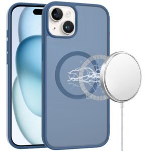 For iPhone 15 [Magnetic Circle] Smooth Safe Matte Feel Hybrid Case - Navy Blue