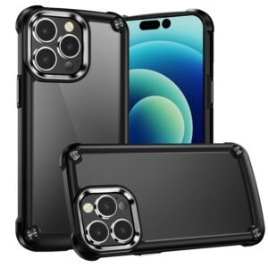 For iPhone 15 Ultimate CaseX Transparent Hybrid Case with Metal Buttons And Camera Edges - Black