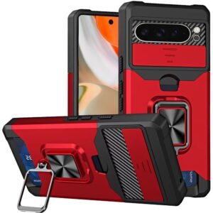 For Google Pixel 10 Pro XL Multi-Functional Card Magnetic Ring Stand Hybrid Camera Case Cover - Red