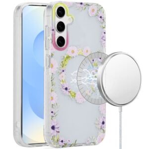 For Samsung s25 Plus/s24 Plus [Magnetic Circle] Double Layer Design IMD TPU Case - Yellow/Purple Floral