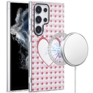 For Samsung Galaxy S22 Ultra [Magnetic Circle] Double Layer Design IMD TPU Case - Mirror With Hearts