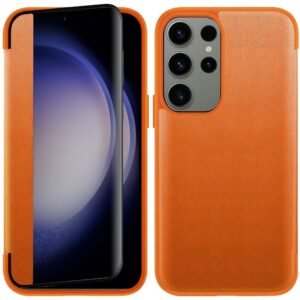 For Samsung Galaxy s24 Ultra PU Leather Window Flap Case with Cover - Tan