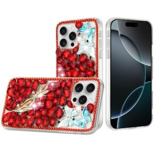 For iPhone 16 Pro 6.3 inch Full Diamond with Ornaments Case Cover - Red Exquisite Garden