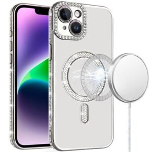 For iPhone 13/14 Diamond Magnetic Circle Thick TPU with Camera Protection - Silver