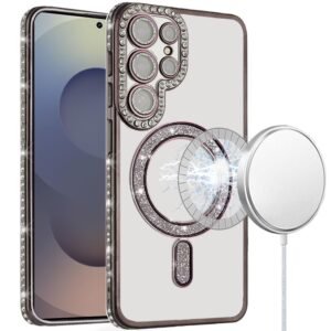 For Samsung s25 Ultra Glitter Magnetic Circle All-Around Diamond Thick TPU with Camera Protection - Black