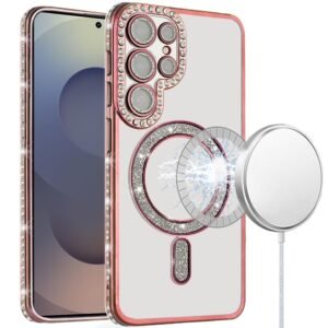 For Samsung s25 Ultra Glitter Magnetic Circle All-Around Diamond Thick TPU with Camera Protection - Rose Gold