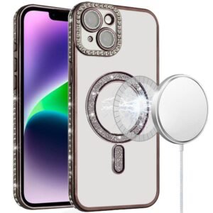 For iPhone 13/14 Glitter Magnetic Circle All-Around Diamond Thick TPU with Camera Protection - Black