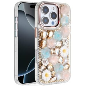 For iPhone 16 Pro 6.3 inch Spectacular Full Bling Stones Glitter HQ Hybrid Floral Series - Gold