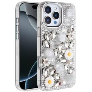 For iPhone 16 Pro 6.3 inch Spectacular Full Bling Stones Glitter HQ Hybrid Floral Series - White