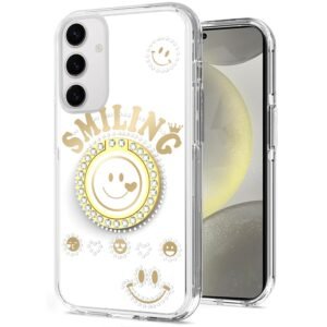 For Samsung s25 Plus/s24 Plus Smiling Glitter Ornament Bling With Ring Stand Hybrid Case Cover - White