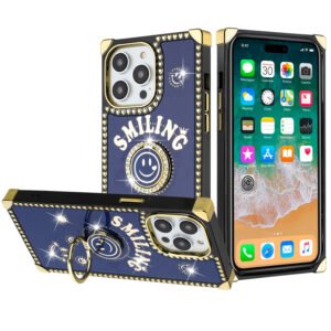 For Apple iPhone 14 PRO 6.1" Passion Hearts Smiling Diamond Ring Stand Case Cover - Blue