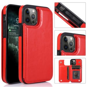 For iPhone 15 Pro Luxury Side Magnetic Button Card ID Holder PU Leather Case Cover - Red