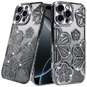 For iPhone 16 Pro 6.3 inch Shimmer Glitter Floral Design Thick TPU Case Cover - Black