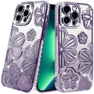 For iPhone 13 Pro Shimmer Glitter Floral Design Thick TPU Case Cover - Purple